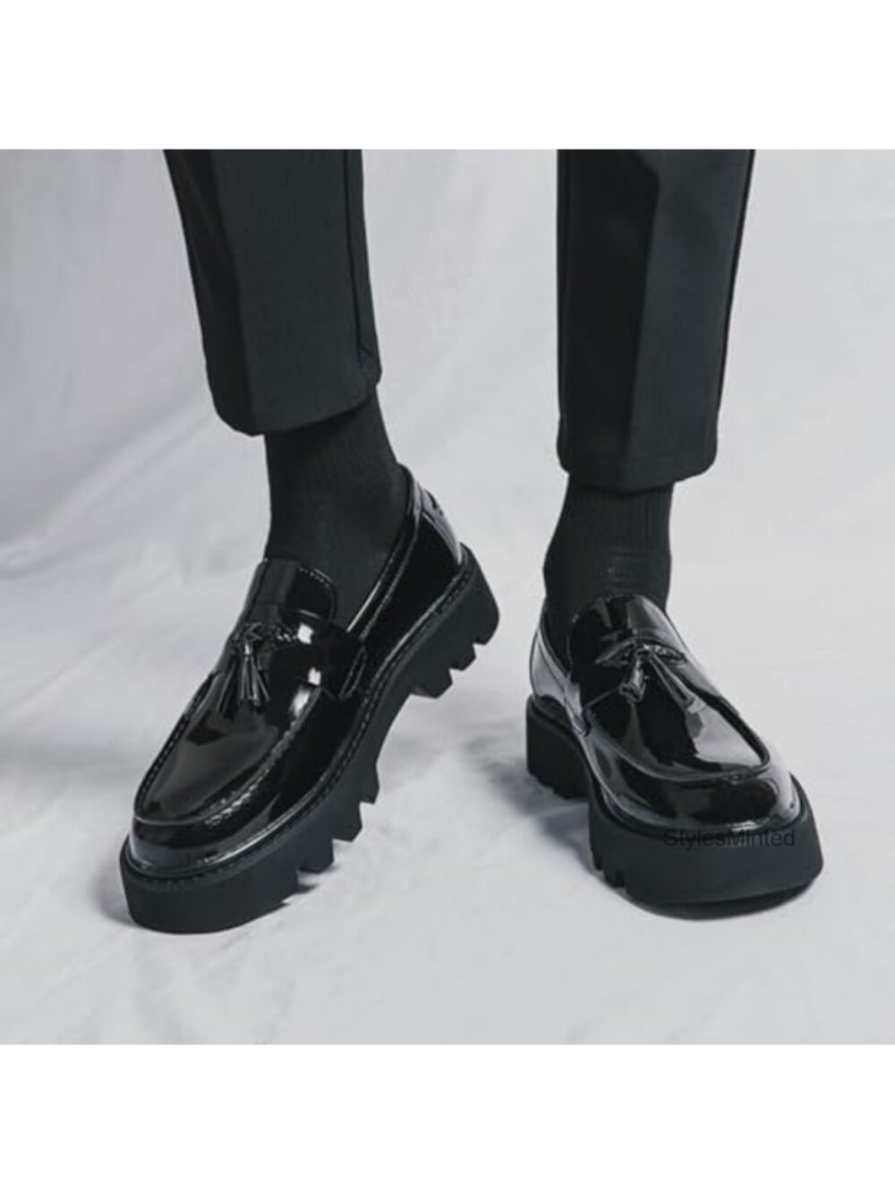 Men's Patent Leather Slip-On Tassel Loafers Platform Dress Shoes - Picture 4 of 5